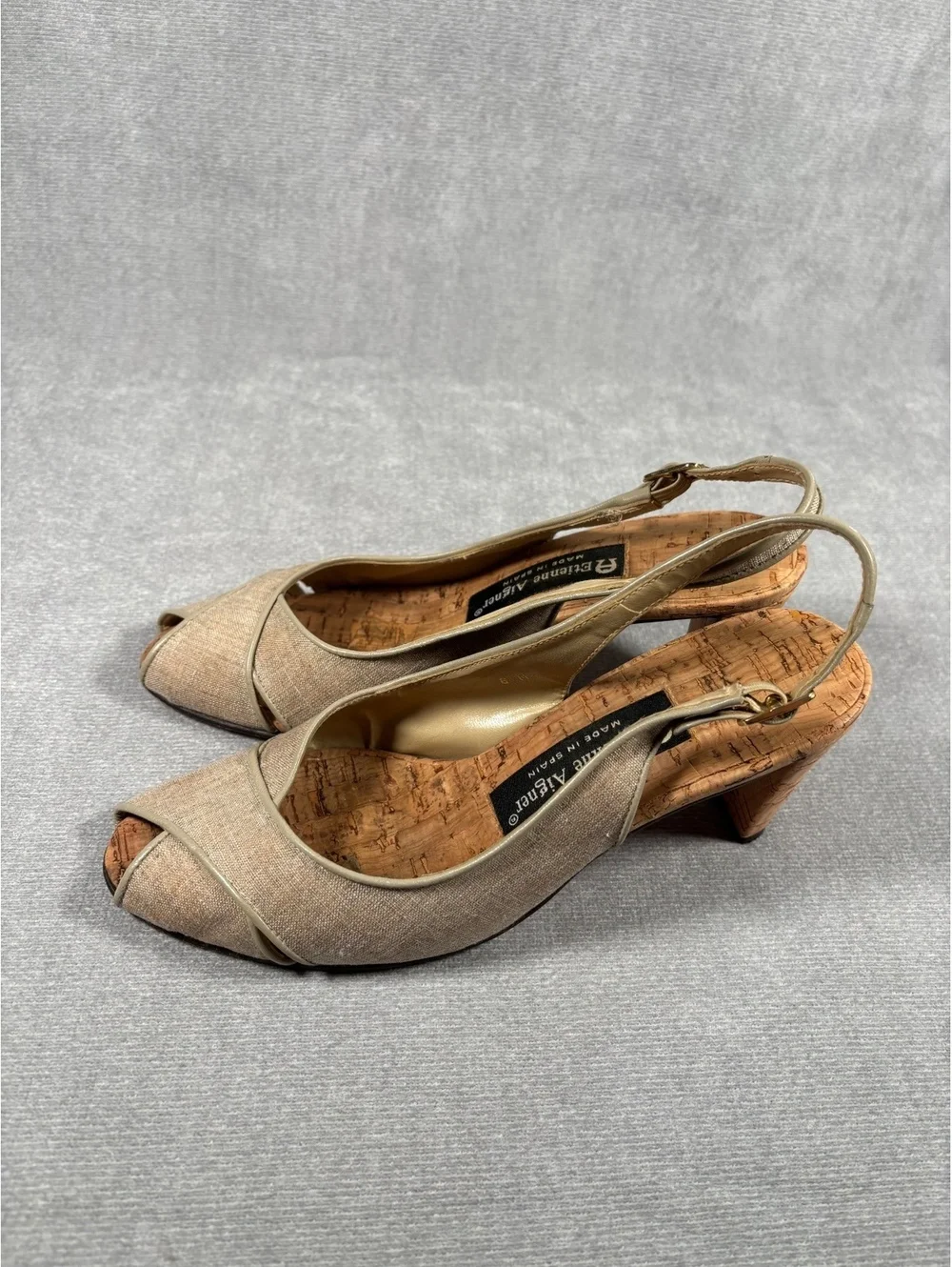Etienne Aigner Vintage Canvas Cork Slingback Peep Toe Kitten Heels Spain Sz 6M